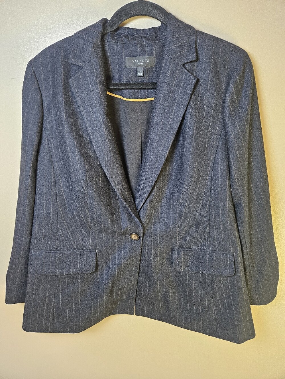 Talbots Navy Pinstripe Wool One Button Lined Blazer 16 Petite Business Career